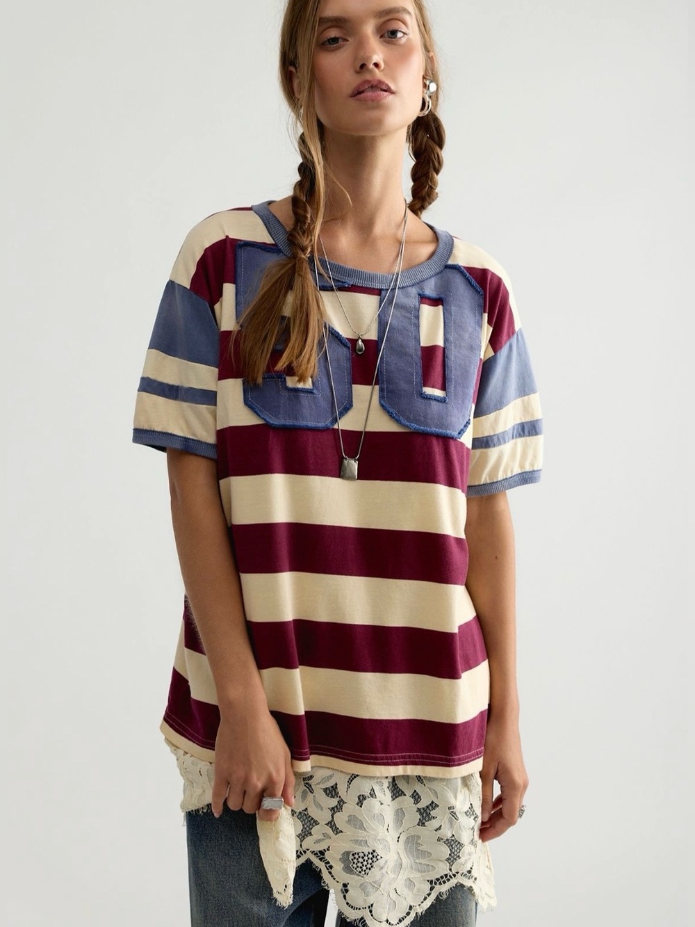NWT $128 Free People X Tricia Fix Retro Baseball Tee in Retro 30 Size Small